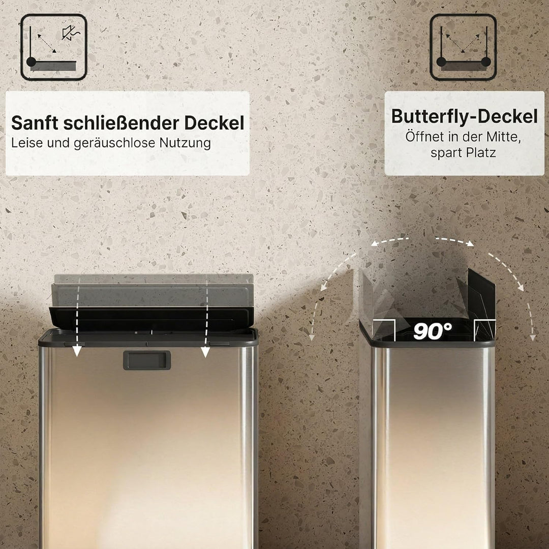 HOMCOM Küchenmülleimer Soft-Close-Schmetterlingsdeckel 2 x 28L Silberton | Edelstahl-Tretmülleimer,