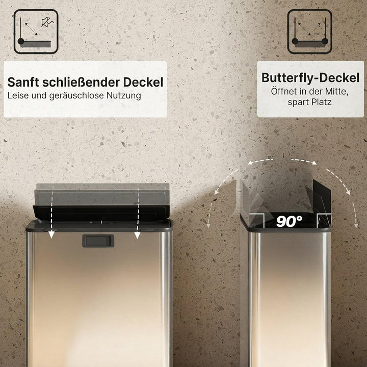 HOMCOM Küchenmülleimer Soft-Close-Schmetterlingsdeckel 2 x 28L Silberton | Edelstahl-Tretmülleimer,