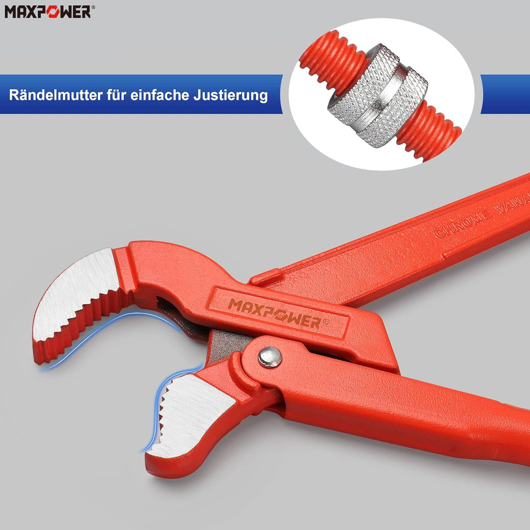 MAXPOWER Abgewinkelte Eck-Rohrzange 1 Zoll S-Maul Wasserrohrzange 330mm S-förmige Backe x 30,5 cm Lä