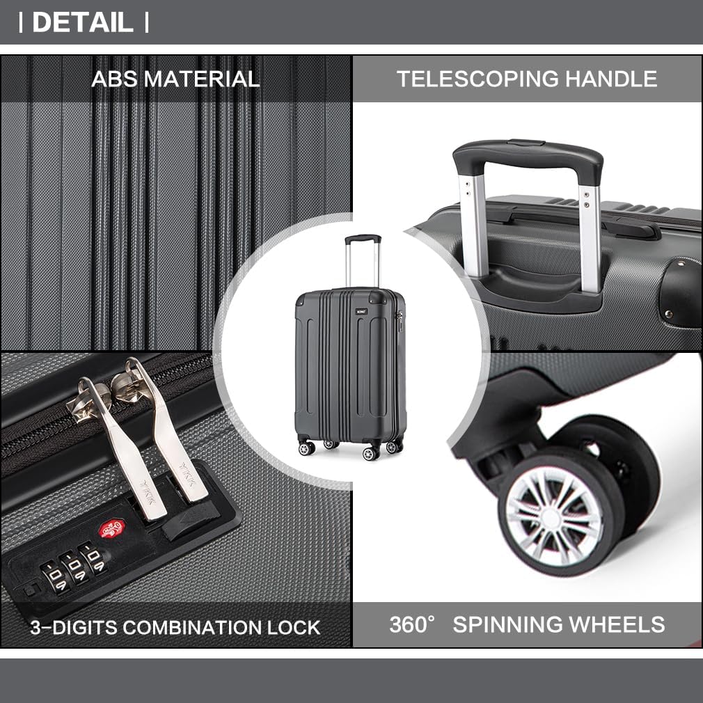 KONO Trolley Handgepäck Koffer 55x35x20cm Rollkoffer Reisekoffer mit 4 Rollen und Schloss (Grau), Gr