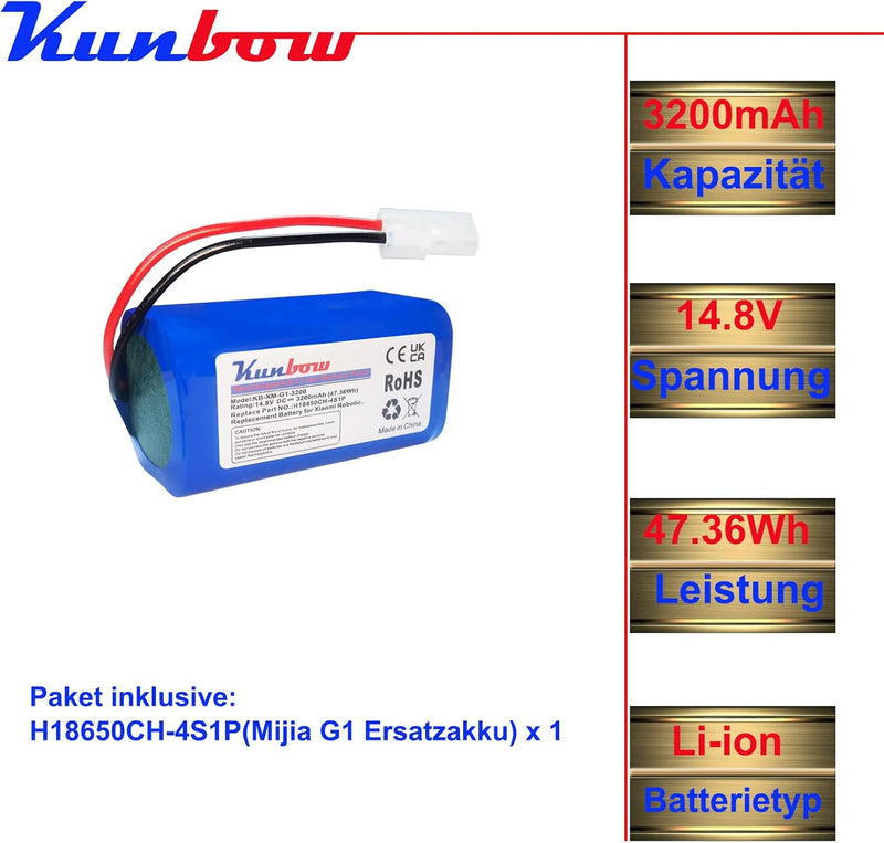 Kunbow 3200mAh Li-ion akku,Ersatzakku für Xiaomi Mi Roboter, Mijia G1 staubsauger, Ersatzakku für Pa