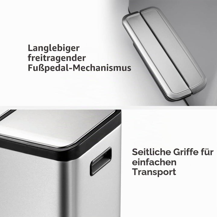EKO Ecocasa Tretmülleimer Mülltrennsystem 3 x 15L (32.1 x 60.5 x 49.2 cm, Dämpfer-System, Fingerabdr