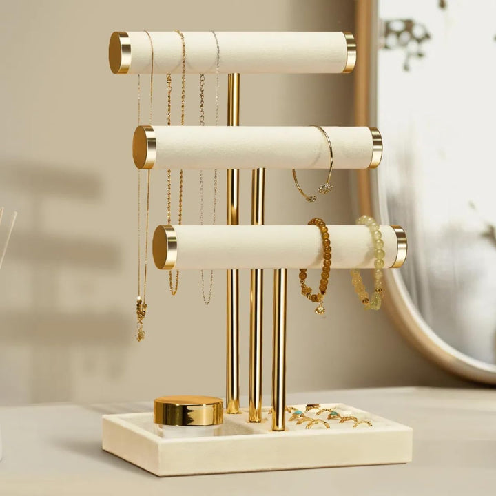 Schmuck Organizer mit 3 Ebenen - Beige Schmuckständer Armbänder, Abnehmbarer T-Steg Schmuck Ständer,