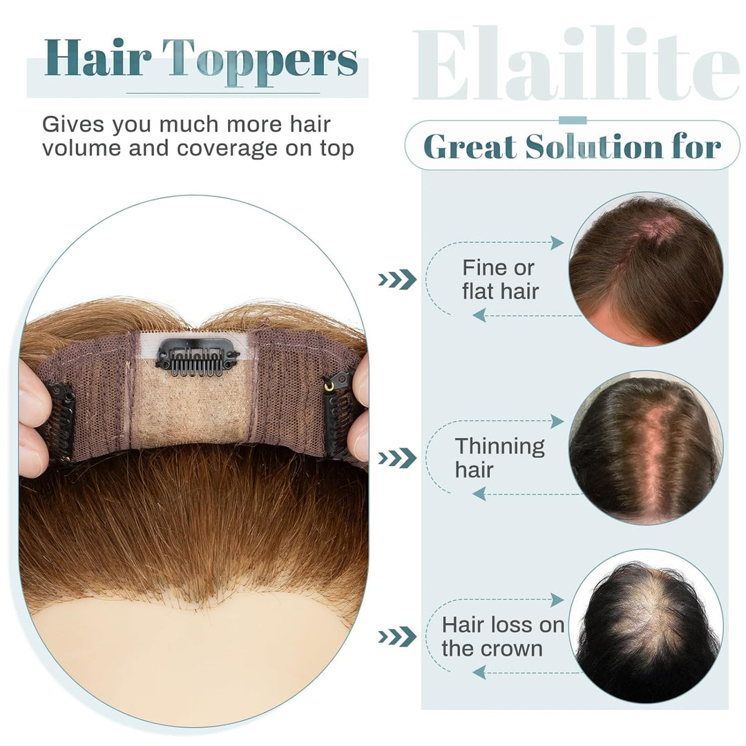 Elailite Haarteil Echthaar Topper Clip in Toupet Frauen Haartopper Extensions Seide Basis Clip in Ex