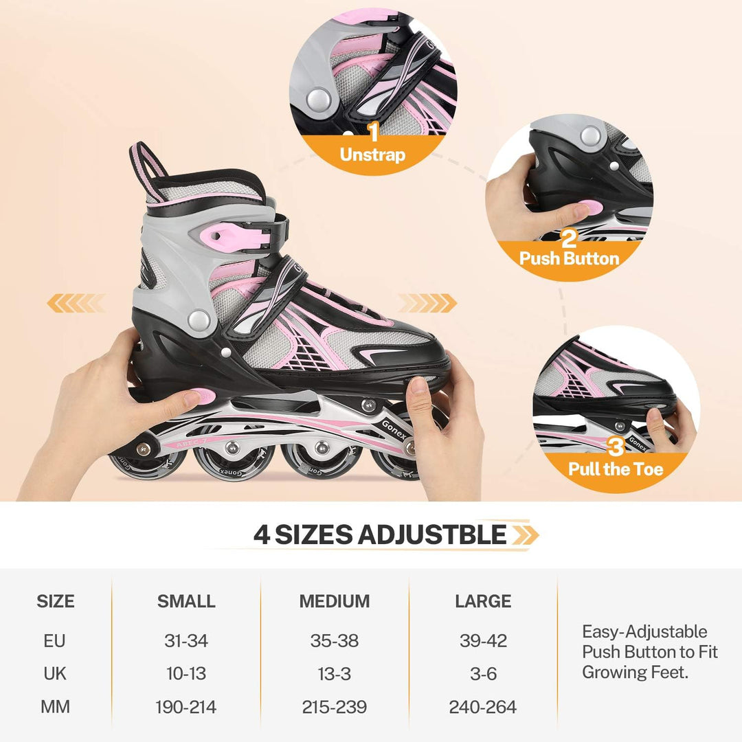 Gonex Inliner für Kinder, Inline Skates für Mädchen Jungen mit Leuchtende Räder Einstellbarer Schwar
