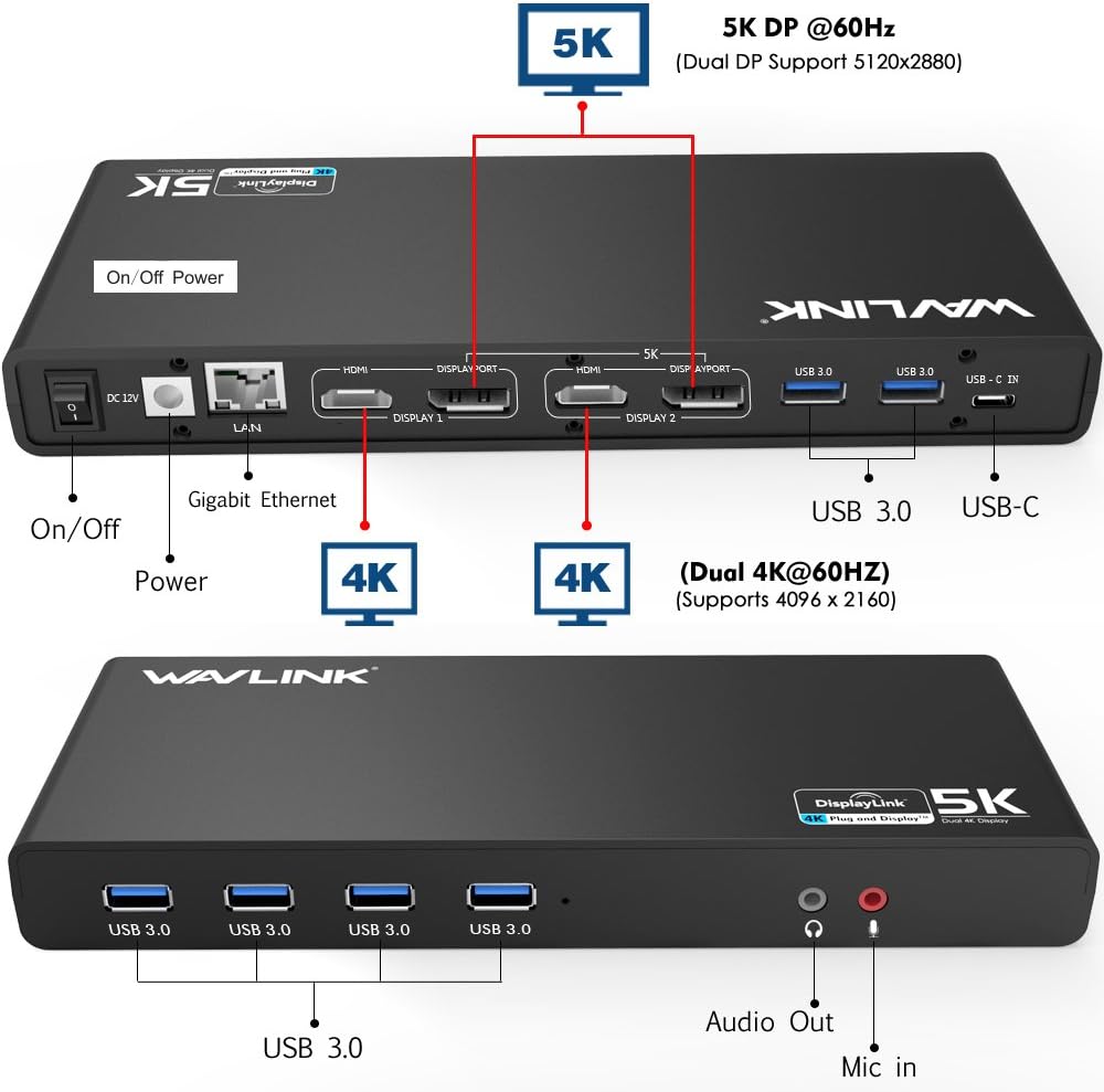 WAVLINK USB 3.0 USB C Ultra 5K Universal Docking Station unterstützt Dual 4K Videoausgänge für Mac &amp;