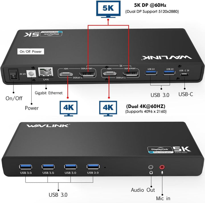WAVLINK USB 3.0 USB C Ultra 5K Universal Docking Station unterstützt Dual 4K Videoausgänge für Mac &amp;