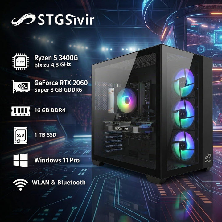STGsivir Gaming PC, GeForce RTX 2060 Super 8GB GDDR6,Ryzen 5 3400G bis zu 4.2 Ghz,16G DDR4,1TB SSD,