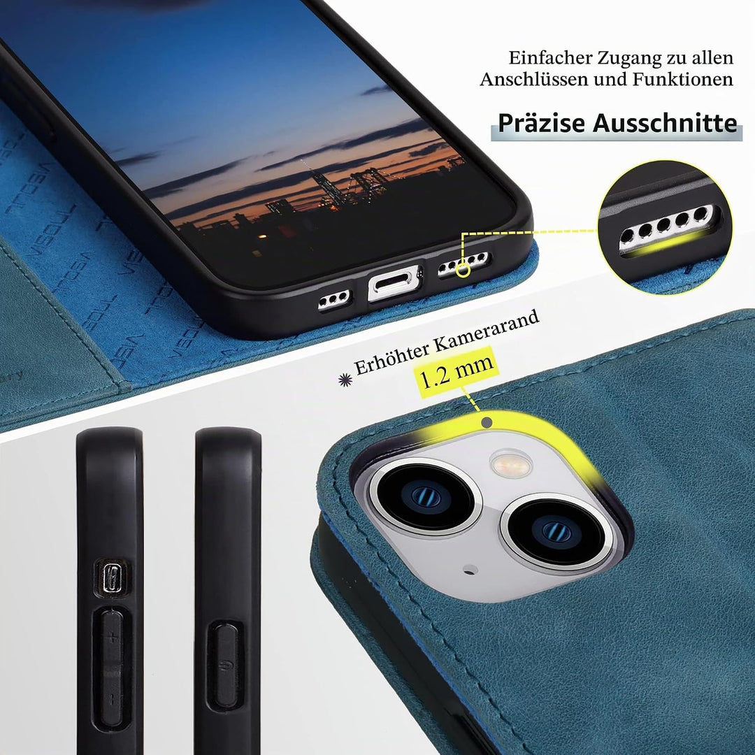 VISOUL Hülle für iPhone 15, Schutzhülle [Echt Leder] [Schützt vor Stoss] [Kartenfach] [Magnetverschl