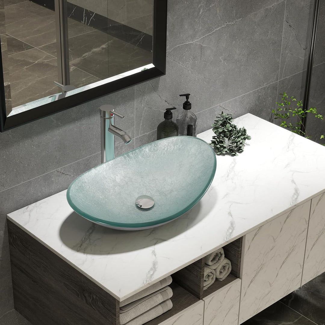 YU YUSING Aufsatzwaschbecken Waschbecken Glas Waschtisch, Oval Hand Waschschale mit Wasserhahn Set,