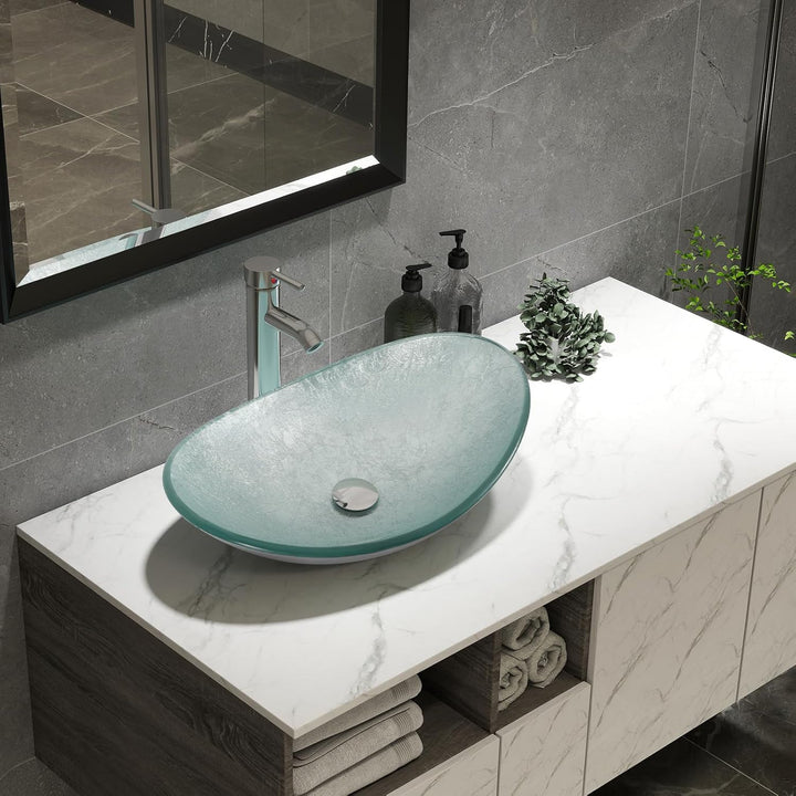 YU YUSING Aufsatzwaschbecken Waschbecken Glas Waschtisch, Oval Hand Waschschale mit Wasserhahn Set,