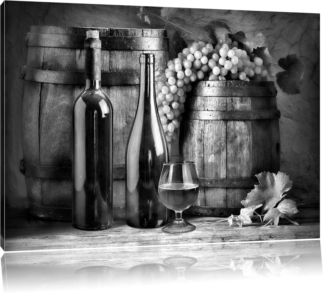 Pixxprint Monocrome, Fässer mit Weintrauben und Wein, Format: 100x70 auf Leinwand, 100x70