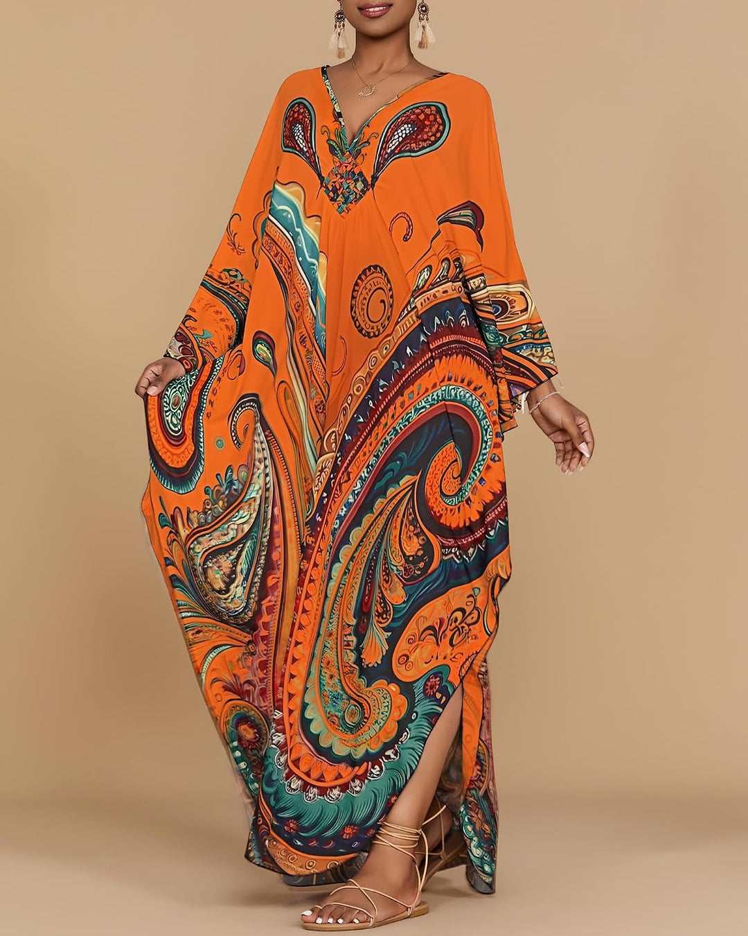 Bsubseach Damen Kaftan Kleider Batwing Sleeve Strandkleid V-Ausschnitt Caftan Maxi Kleid Sommer A-Or