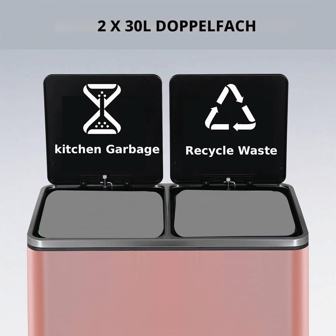 Clevich Mülleimer Küche, 2 x 30 Liter, 2 Fächer, Mülltrennsystem 60L, 2 pcs Kunststoff Inneneimer, S