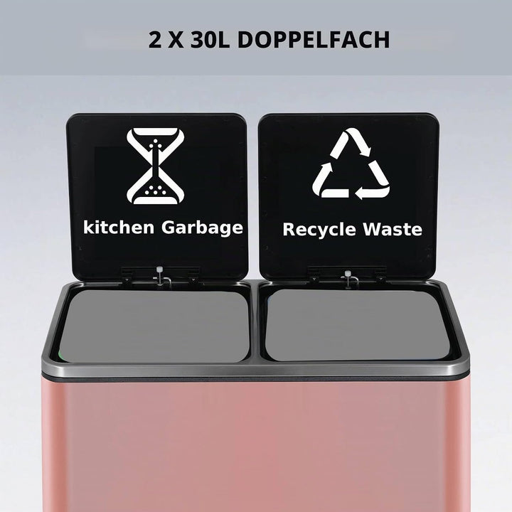 Clevich Mülleimer Küche, 2 x 30 Liter, 2 Fächer, Mülltrennsystem 60L, 2 pcs Kunststoff Inneneimer, S