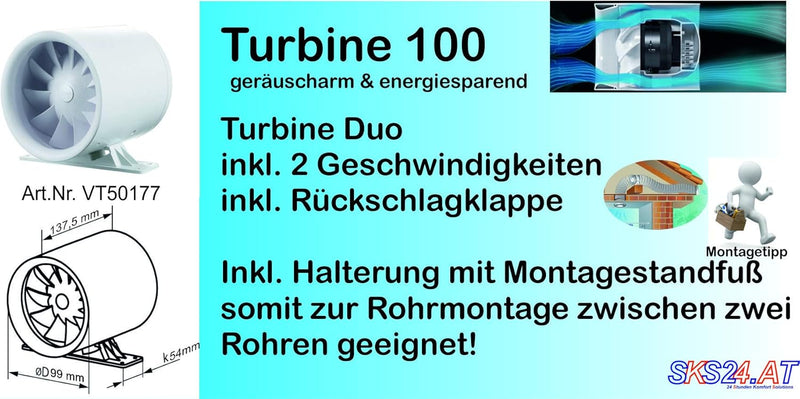 Rohreinschubventilator Soundless Turbine Duo 100mm 100mm ohne