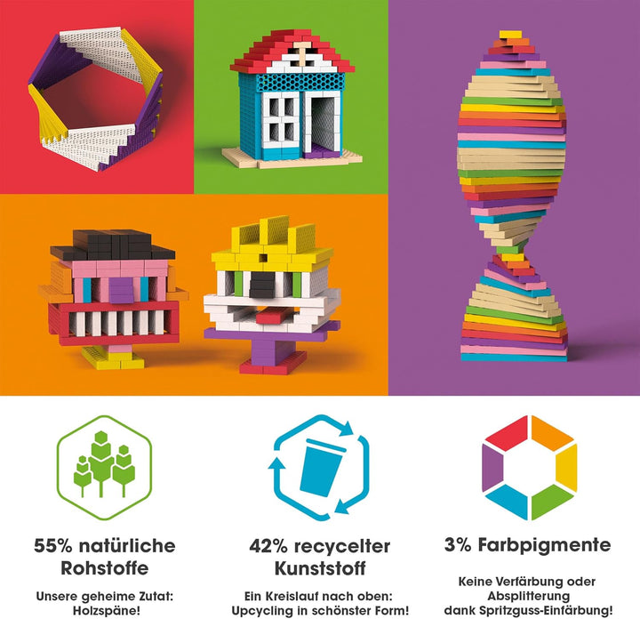 bioblo Holz Bausteine aus Recyclingmaterial Fun Box Pastel Mix 200 Stück | Fördert die motorische En