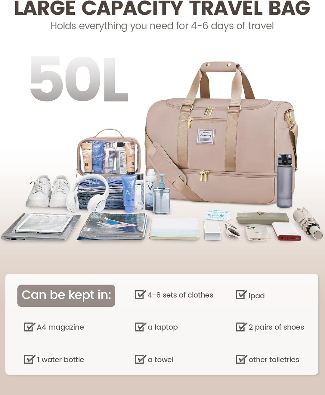 LOVEVOOK Sporttasche Reisetasche Gross, 50L Travel Bag mit Kulturtasche, Schuhfach &amp; Nassfach, Wasse