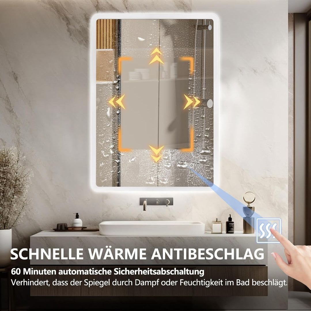 LED Badezimmerspiegel 80x60 cm, dimmbar, beschlagfrei, IP44 3 Lichtfarbe + Dimmbar 80L x 60B cm, 3 L