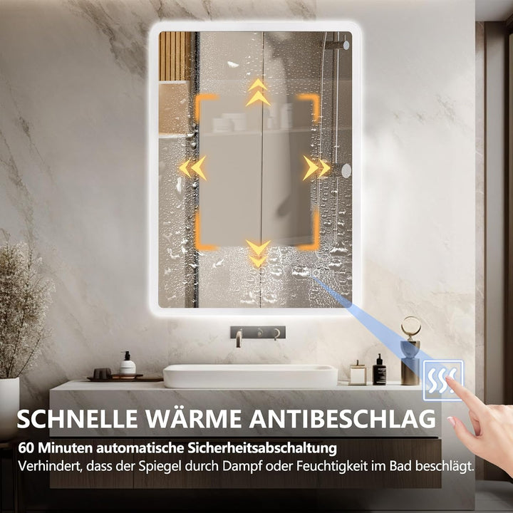LED Badezimmerspiegel 80x60 cm, dimmbar, beschlagfrei, IP44 3 Lichtfarbe + Dimmbar 80L x 60B cm, 3 L