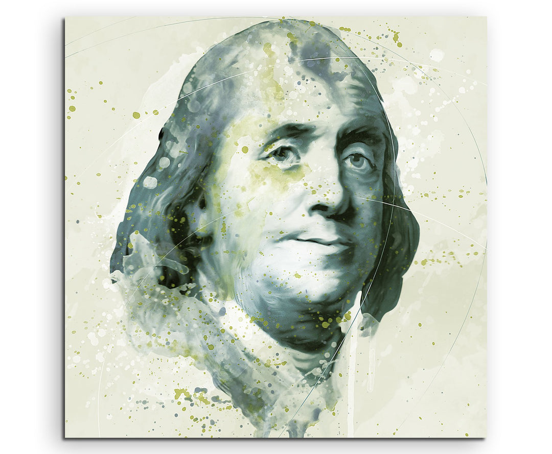 Benjamin Franklin Aqua 60x60cm - Splash Art Paul Sinus Wandbild auf Leinwand - Malerei, Kunstbild, A