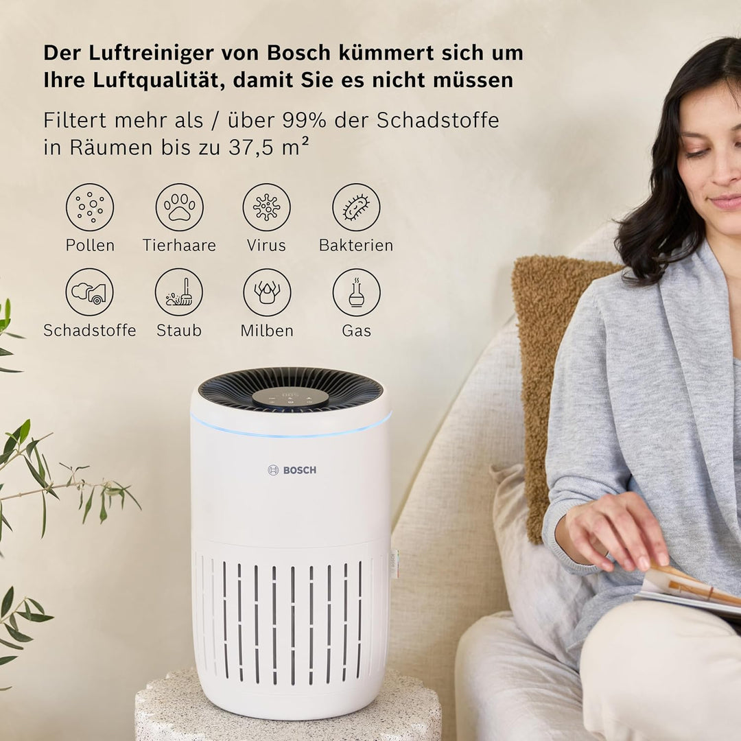 Bosch Air 2000, Luftreiniger für bis zu 37,5 m² entfernt 99,9% aller Verschmutzungen, 3in1 Filter in
