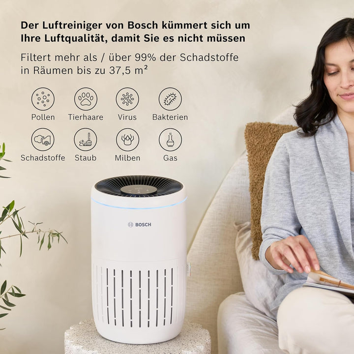 Bosch Air 2000, Luftreiniger für bis zu 37,5 m² entfernt 99,9% aller Verschmutzungen, 3in1 Filter in