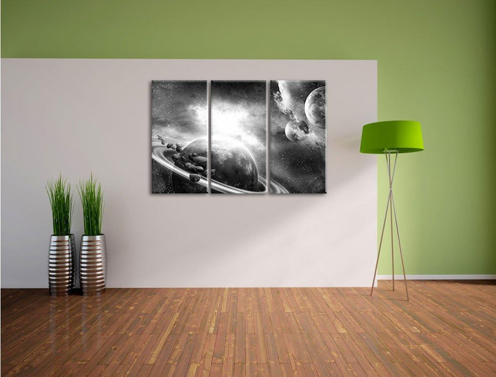 Pixxprint Planeten und Meteoriten im Weltraum Kunst B&W 3-Teiler Leinwandbild 120x80 Bild auf Leinwa