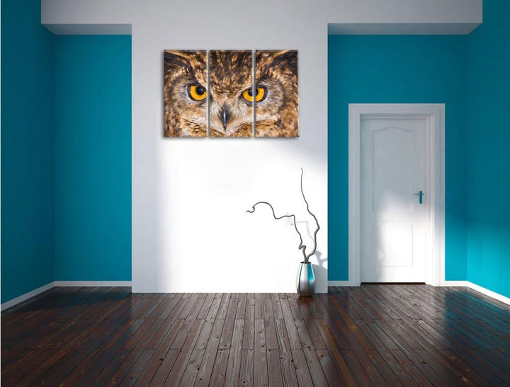 Pixxprint Eule mit gelben Augen als Leinwandbild/Grösse: 3 Teilig (120x80) cm/Wandbild/Kunstdruck/fe