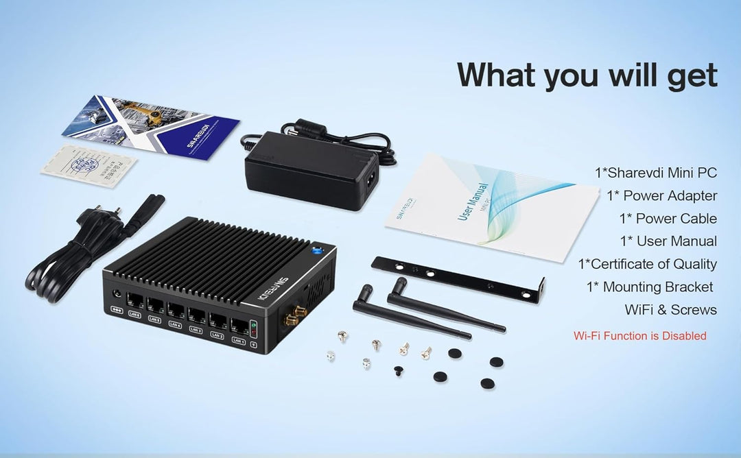 Micro Firewall Appliance, Lüfterloser Mini PC Intel N3700 4Cores/4Threads, 6X Intel 2.5 GbE i226-V L