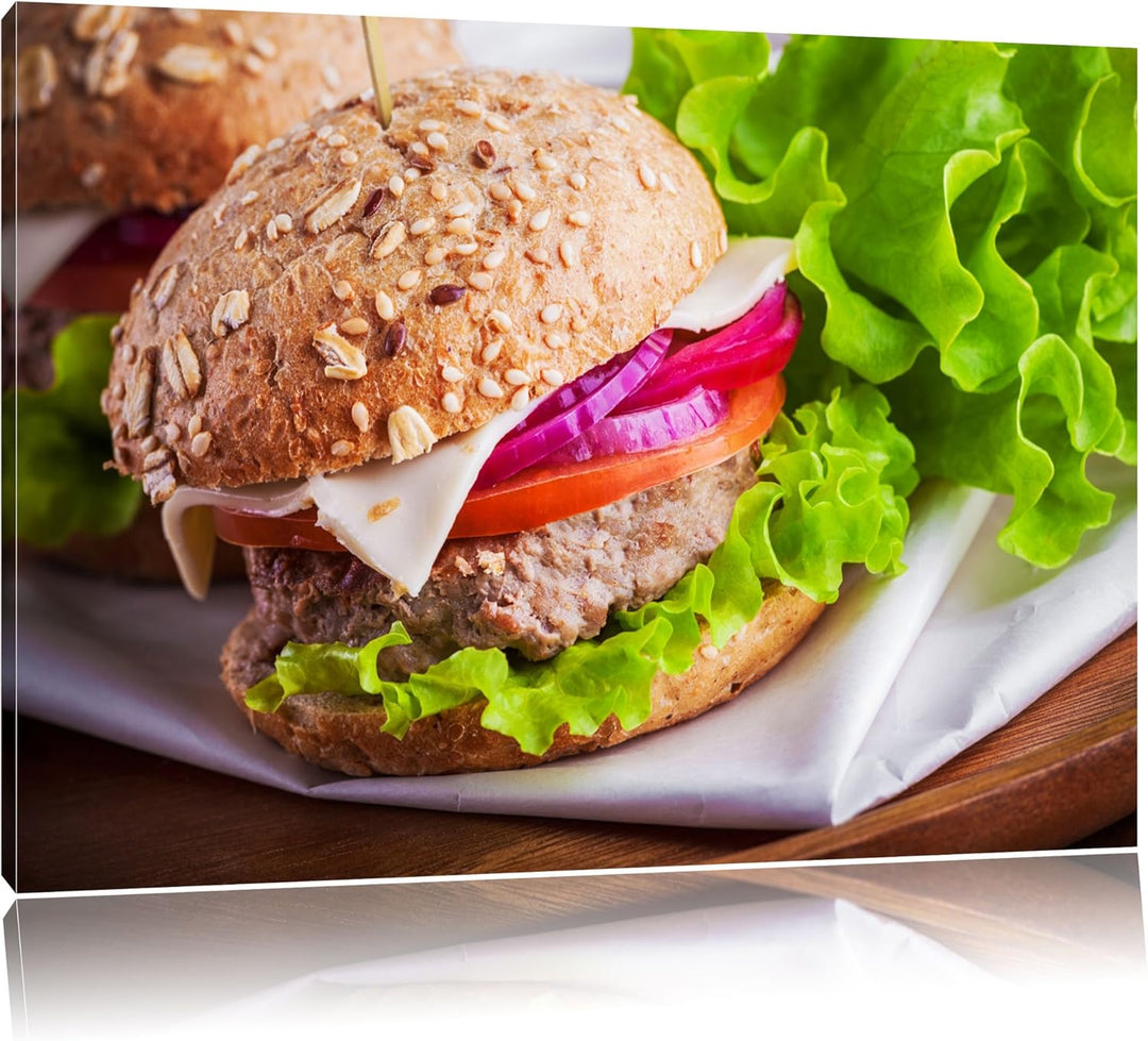 Köstlicher Hamburger Format: 100x70 auf Leinwand, XXL riesige Bilder fertig gerahmt mit Keilrahmen,