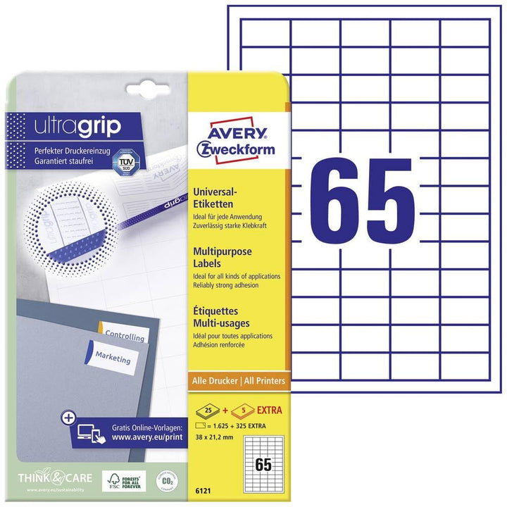 AVERY Zweckform 6121 Universal Etiketten (1.625 plus 325 Klebeetiketten extra, 38x21,2mm auf A4, Pap