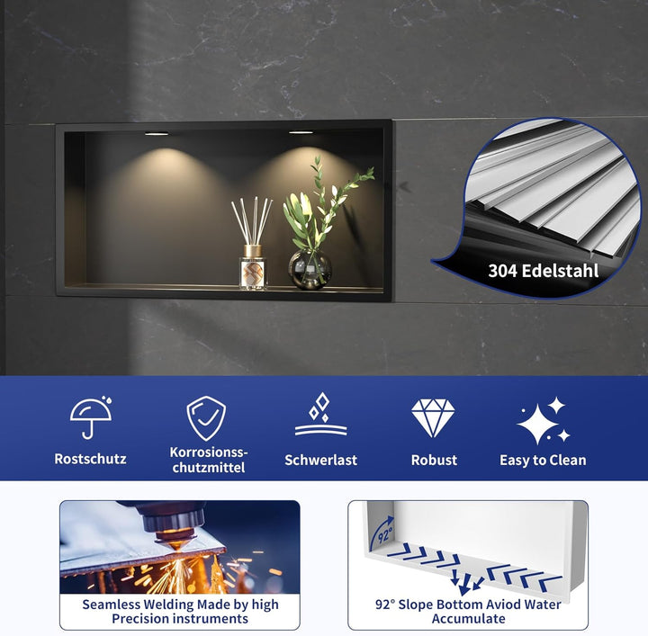 Wandnische Dusche Edelstahl mit LED Downlight, 60 cm x 30 cm, Wasserdicht - Keine Fliesen Erforderli