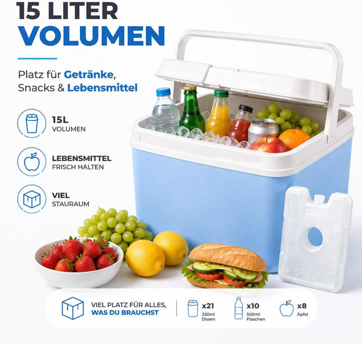 Kühlbox 15 Liter mit mobilen Kühlakku/Kühlelement für extra Lange Kühlung - Kühltasche/Thermobox Bla