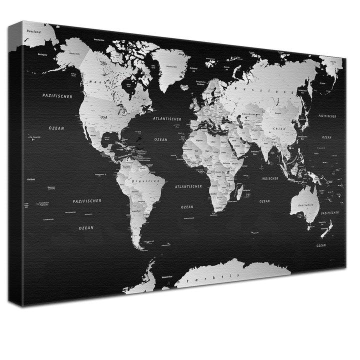 Stilvolle Pinnwand Weltkarte - SW - Deutsch in 120 x 80 cm, stabile Rückwand zum Pinnen inkl. Starte