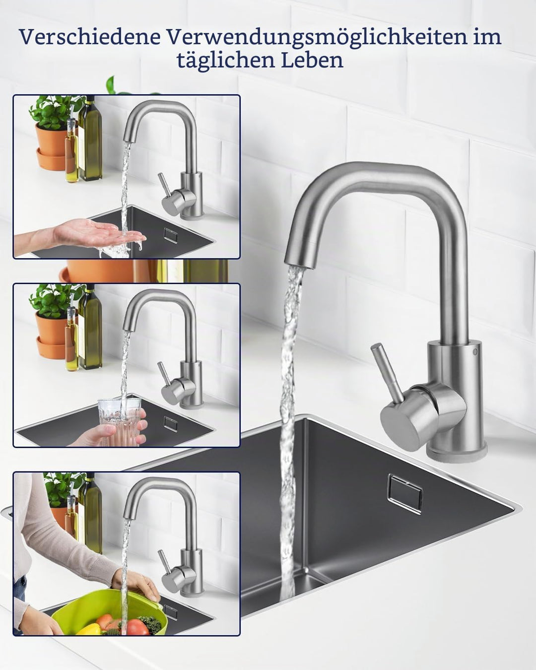 Wasserhahn Bad 360° Drehbar,Edelstahl Wasserhahn Badezimmer mit Warm/Kaltwasser Mischbatterie,Einheb
