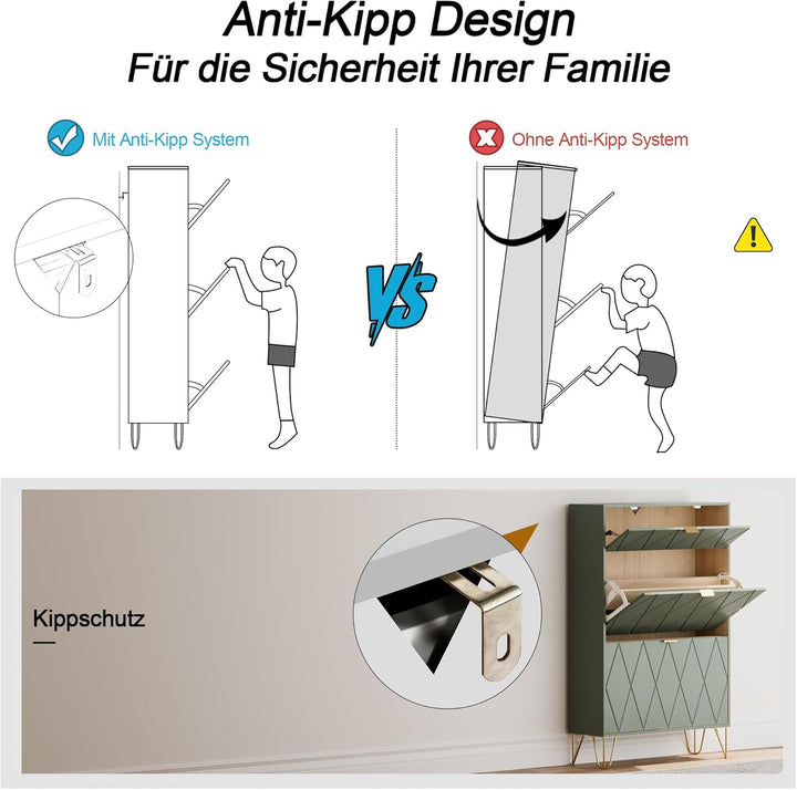 UEV Schuhschrank mit 2 Klappen, 80 x 24 x 120 cm für 16 Paar Schuhe Schuhkommode schmal, Schuhregal