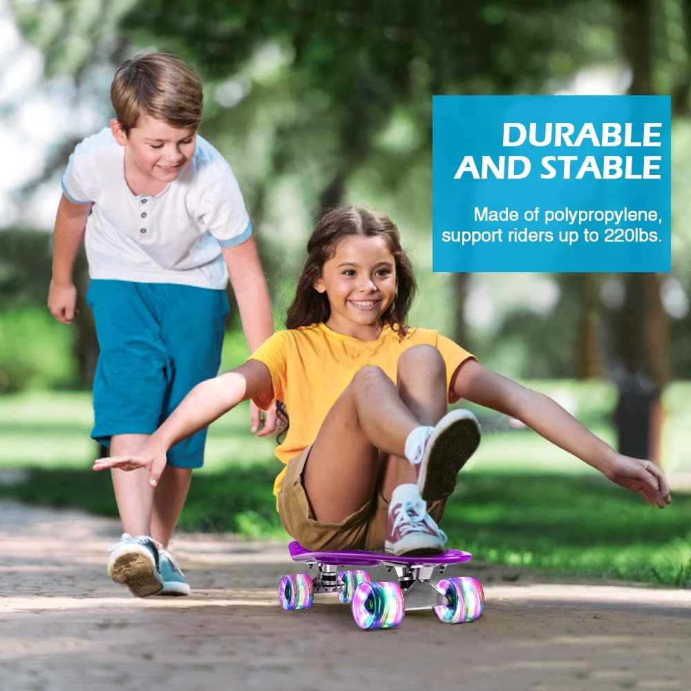 BELEEV Skateboard Komplette 22 Zoll Mini Cruiser Skateboard für Kinder Jugendliche Erwachsene, LED L