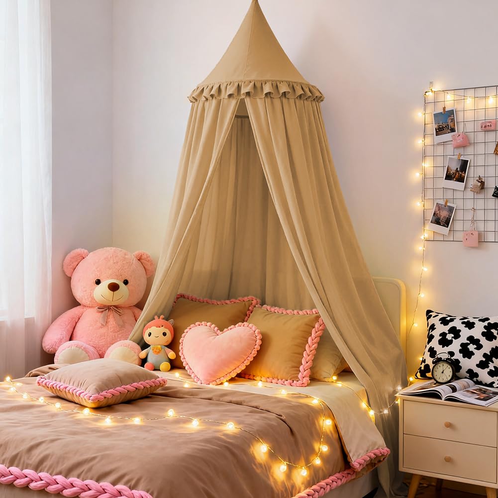 HOTUT Kinderzimmer Baldachin Vintage Nougat,Prinzessin Kinderbetthimmel mit Rüschen,Betthimmel Babyb