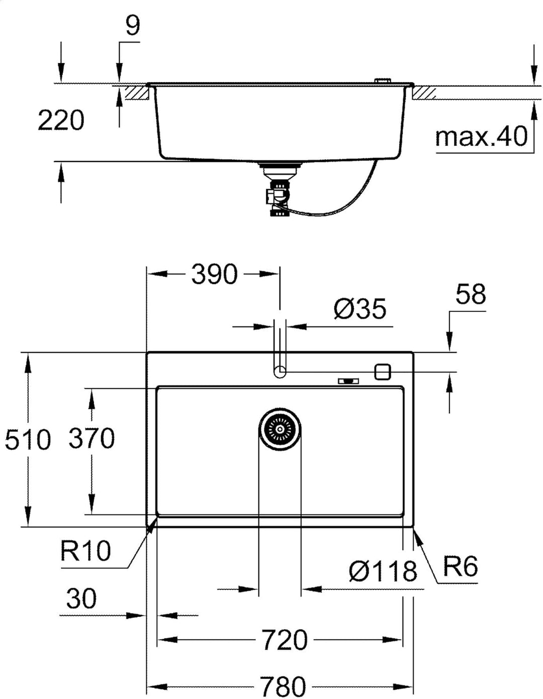 GROHE K700 | Kompositspüle | granit schwarz | 31652AP0 K700 Granit Schwarz 78 x 51 cm Kompositspüle,