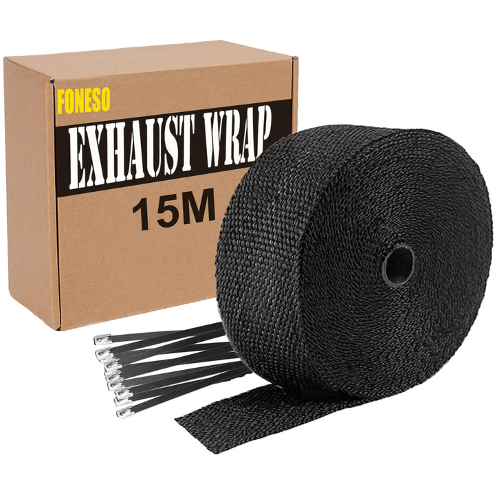 Foneso Hitzeschutzband Schwarz, 15M Hitzeschutzband Auspuff mit 12 Schwarz Edelstahl Kabelbinder, fü