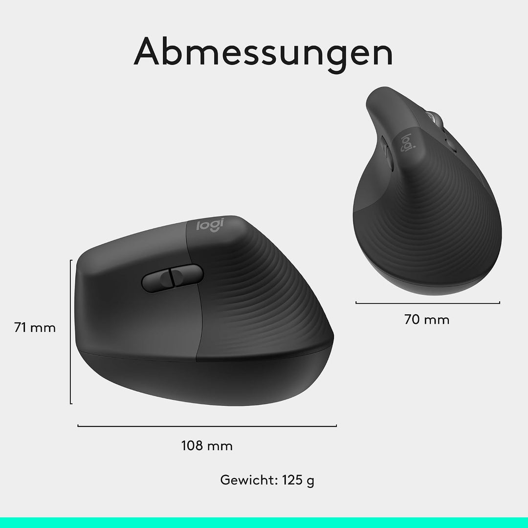Logitech Lift Vertikale Ergonomische Maus, Kabellos, Bluetooth oder Logi Bolt USB-Empfänger, Leise K