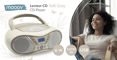 MOOOV Soft Grey, tragbarer CD-Player, Wiedergabe von CD-R/CD-RW/CD-MP3, UKW-Radio, USB-Port, Stereok