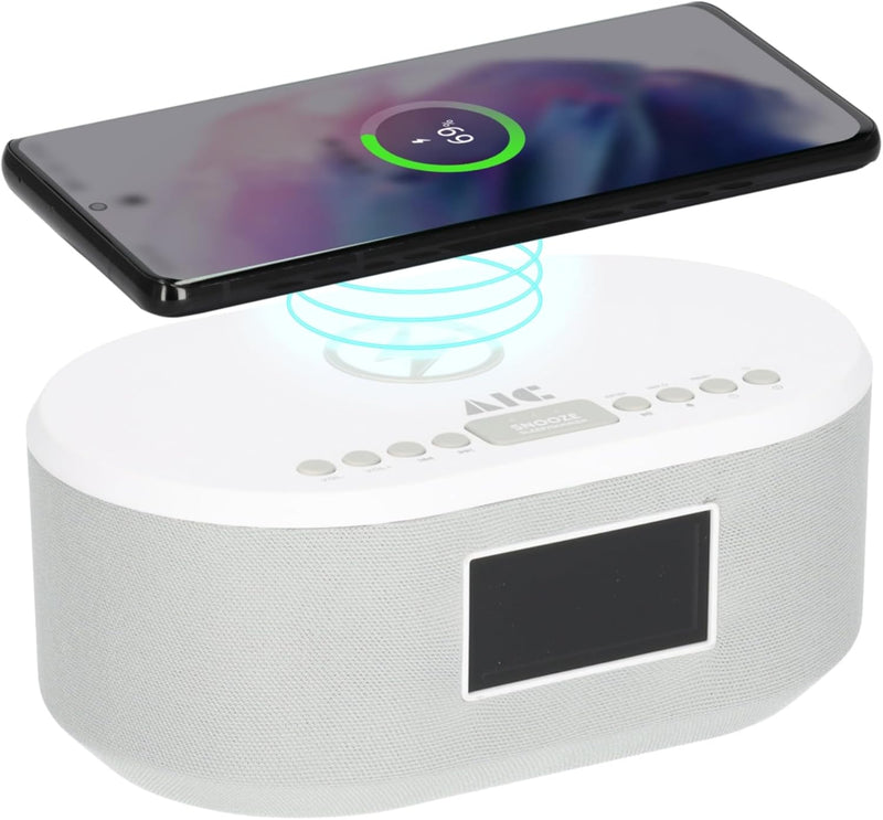 AIC Radiowecker DAB mit Ladefunktion Bluetooth QI Funktion USB Dual Alarm 18DAB Weiss