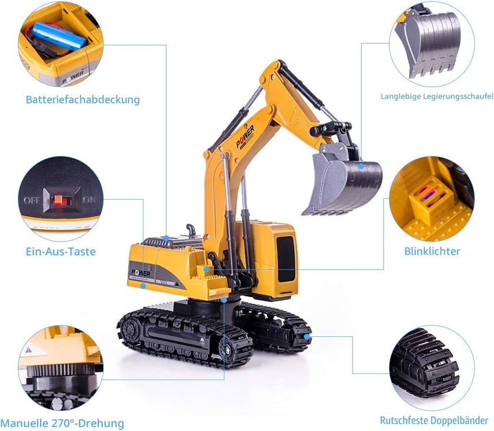 Highttoy Ferngesteuerter Bagger, 6 Kanal RC Bagger für Jungen Bagger Traktor Spielzeug mit Lichtern