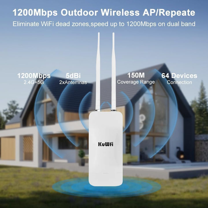 KuWFi Outdoor WLAN Access Point, 1200Mbps Long Range Wi-Fi Extender, Dualband Gigabit Wireless Acces