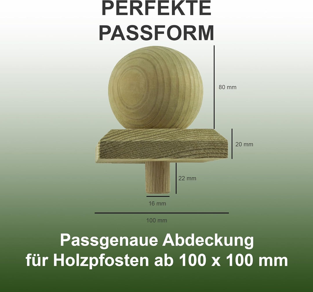 h2i Pfostenkappe Kugel | Holz imprägniert | 100 x 100 mm | 5 Stück | Eckige Abdeckkappe für Garten H