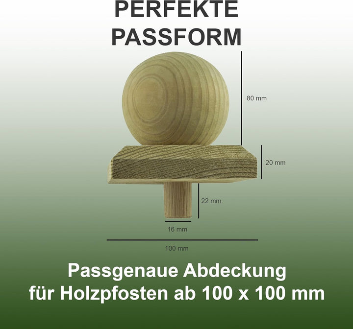 h2i Pfostenkappe Kugel | Holz imprägniert | 100 x 100 mm | 5 Stück | Eckige Abdeckkappe für Garten H