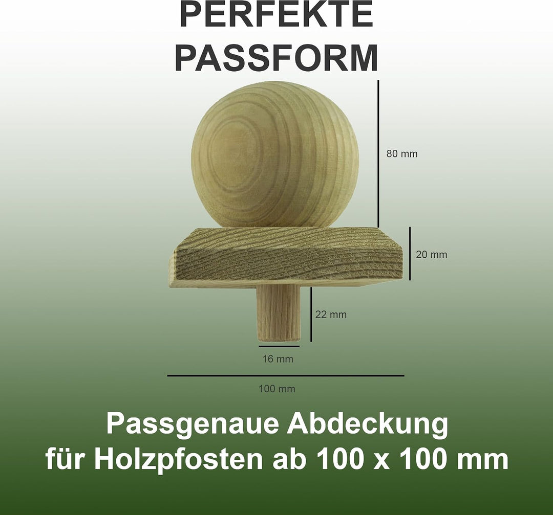 h2i Pfostenkappe Kugel | Holz imprägniert | 100 x 100 mm | 10 Stück | Eckige Abdeckkappe für Garten