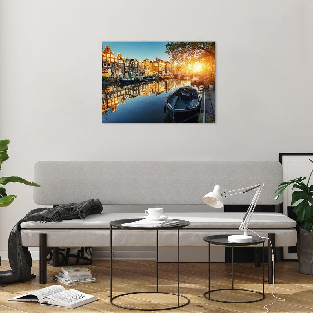 Bilder auf Glas Kanal Boot Amsterdam Wasser Glasbild 70x50cm Wandbilder Dekoration Wohnzimmer Schlaf